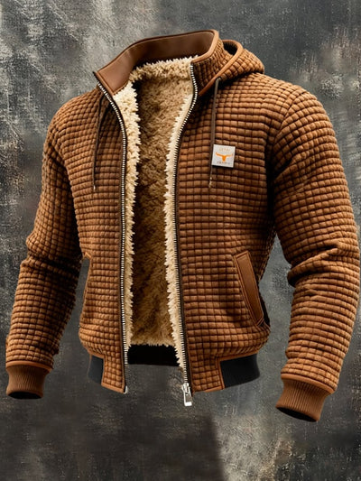 Chaqueta outdoor para hombre con estructura retro y estampado de cuadros cuadrados, cuello doble, cálida y con varios bolsillos.