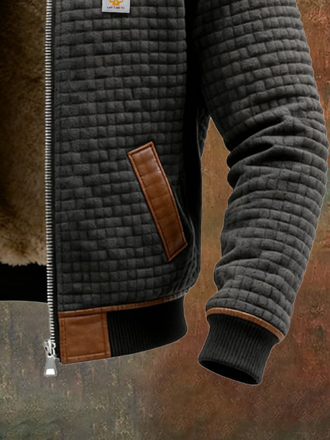 Chaqueta outdoor para hombre con estructura retro y estampado de cuadros cuadrados, cálida y con varios bolsillos.