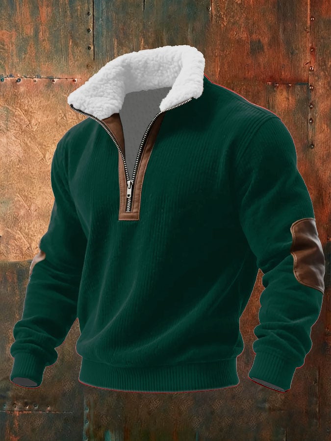 Sudadera de punto para hombre con cremallera y cuello de piel.