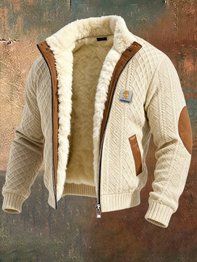 Chaqueta outdoor para hombre con textura retro y tejido jacquard, cálida, con varios bolsillos.