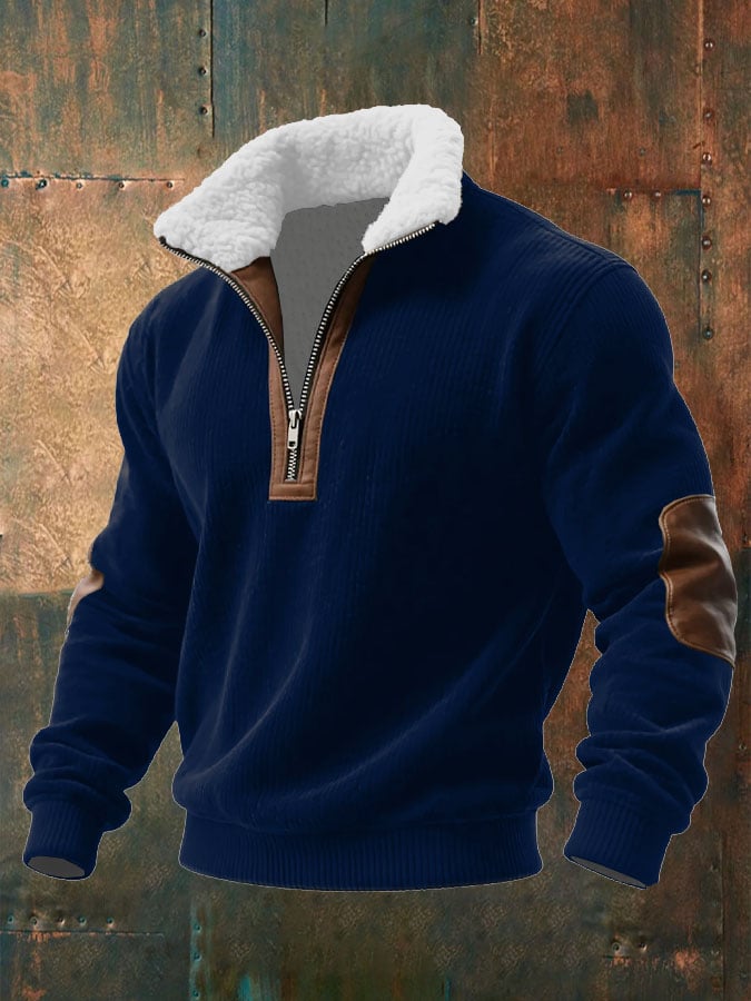 Sudadera de punto para hombre con cremallera y cuello de piel.