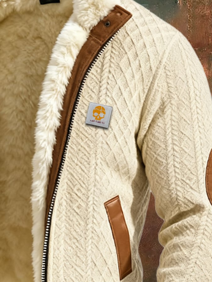 Chaqueta outdoor para hombre con textura retro y tejido jacquard, cálida, con varios bolsillos.