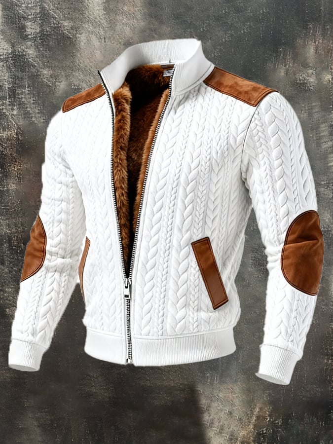 Chaqueta outdoor para hombre con textura retro y tejido jacquard, cálida, con varios bolsillos.