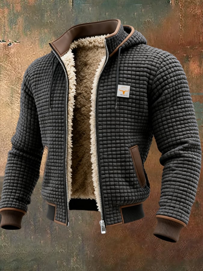 Chaqueta outdoor para hombre con estructura retro y estampado de cuadros cuadrados, cuello doble, cálida y con varios bolsillos.