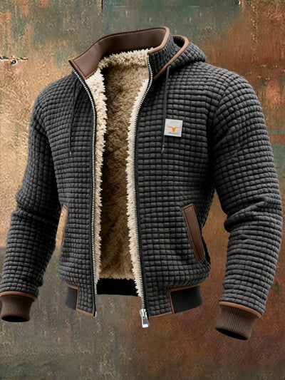 Chaqueta outdoor para hombre con estructura retro y estampado de cuadros cuadrados, cuello doble, cálida y con varios bolsillos.