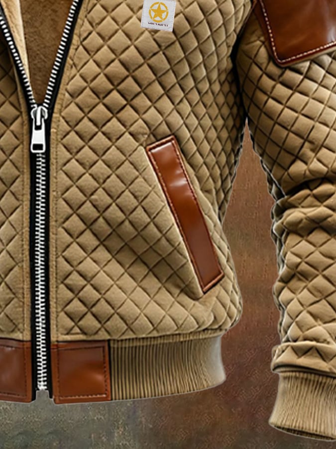 Chaqueta outdoor para hombre de piel con estampado de rombos vintage