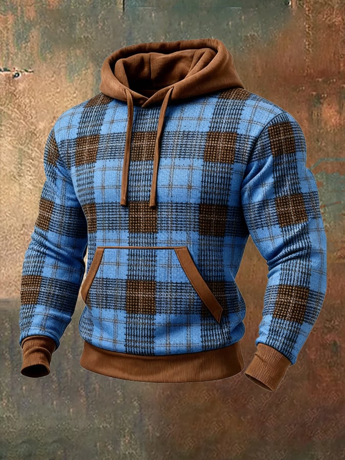 Sudadera de hombre de estilo retro con efecto desgastado, estampado de bloques de color y mangas largas