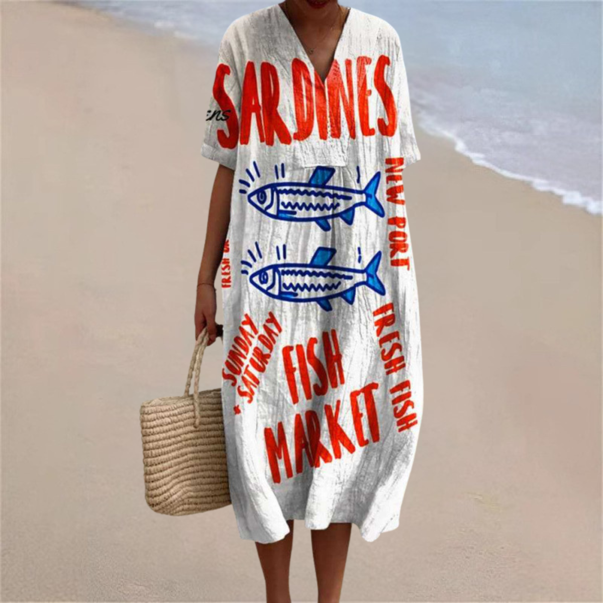 Marlowe™ | Vestido de Verano con Estampado de Sardinas del Mercado Fresco