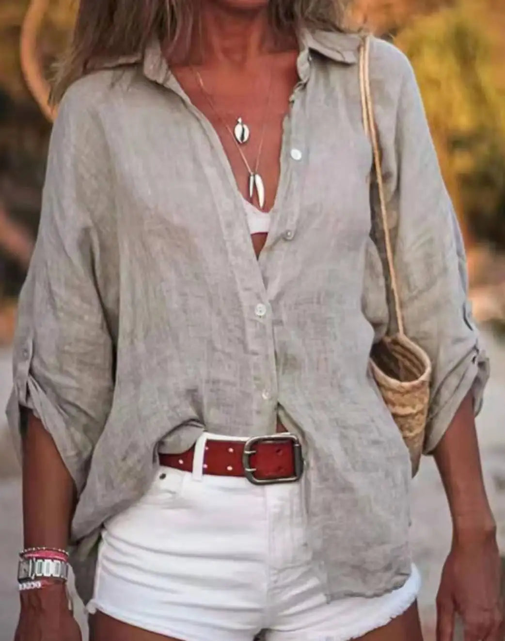 2025 Europa y Estados Unidos Transfronterizo AliExpress Nueva Camisa de Mujer de Color Sólido Suelta de Manga Tres Cuartos