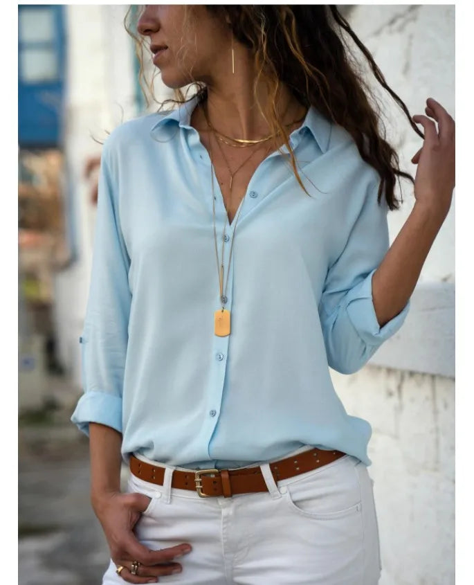 Camisa de Otoño Polo para Mujer Blusa de Oficina Vintage Camisa Suelta de Botón Camisas de Moda