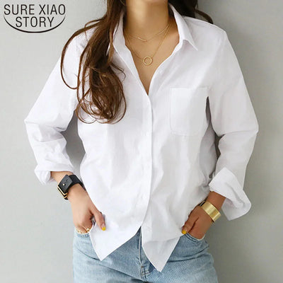 Blusa de Algodón Camisa Blanca Moda Mujeres Blusas Mujer De Moda Estilo OL Tops Casual Camisas y Blusas de Manga Larga 3496
