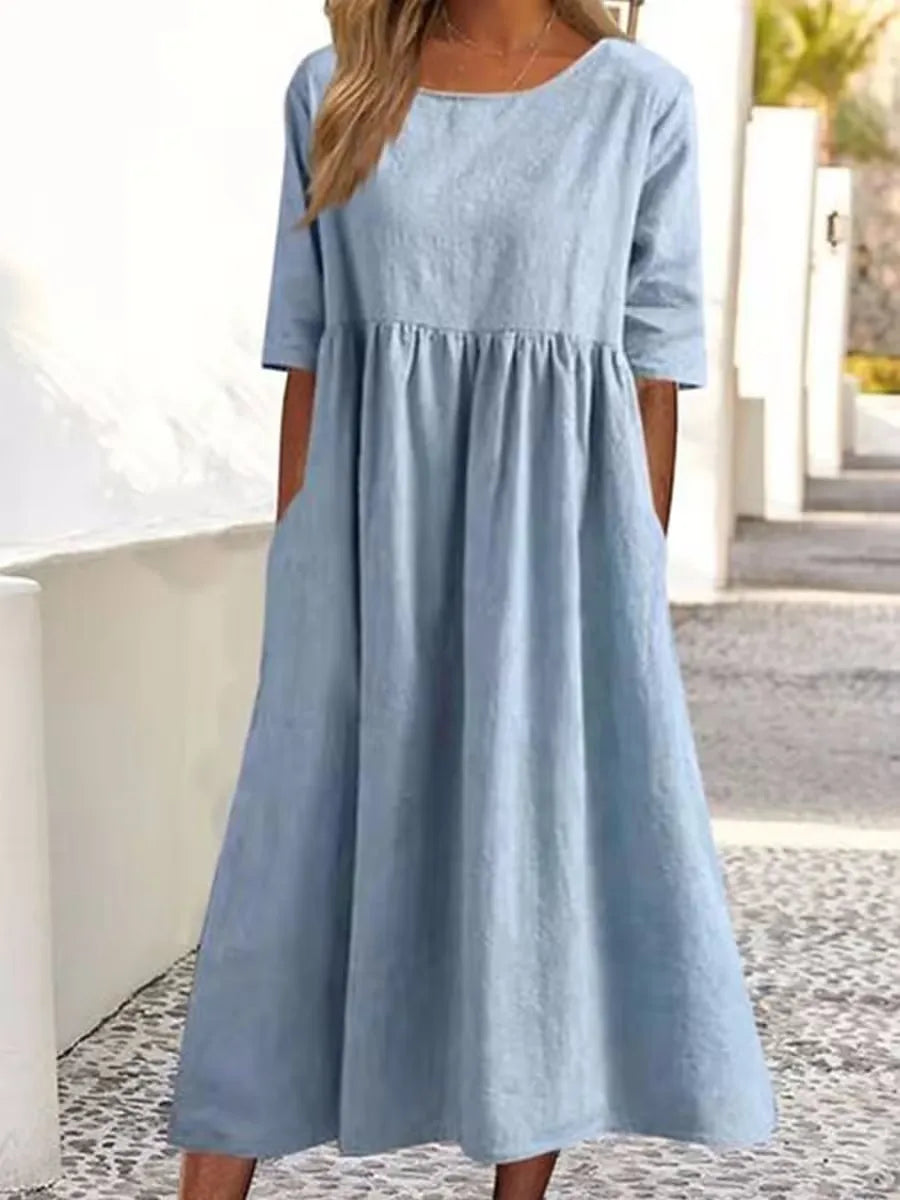 Vestido casual algodón-lino mujer, manga corta con bolsillo