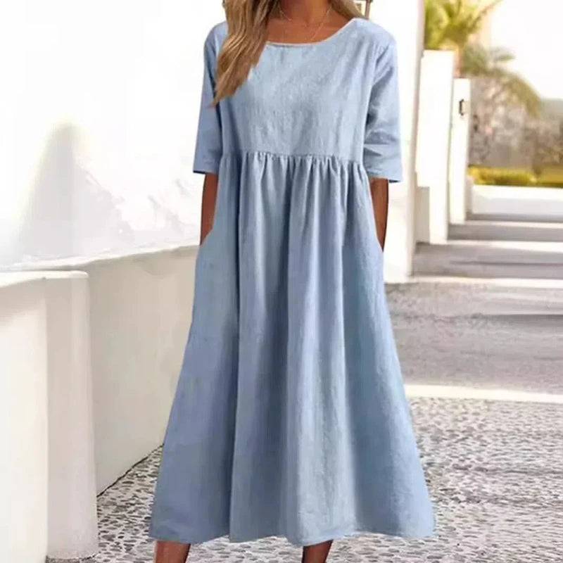 Vestido casual algodón-lino mujer, manga corta con bolsillo