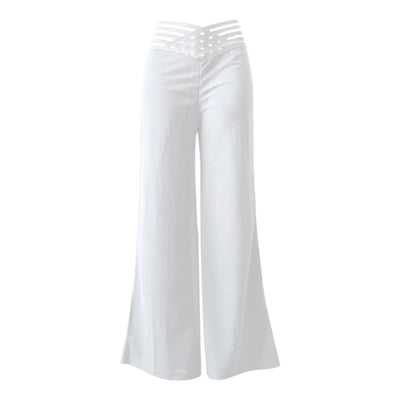 Pantalones de mujer acampanados elegantes para oficina, pantalones casuales de cintura alta, primavera verano, sólidos, malla transparente cruzada, pantalones de pierna ancha