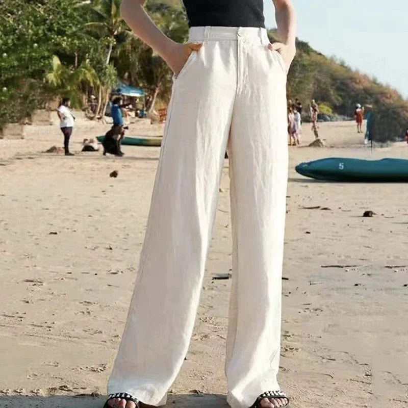 Pantalón Blanco Holgado Verano Cintura Alta