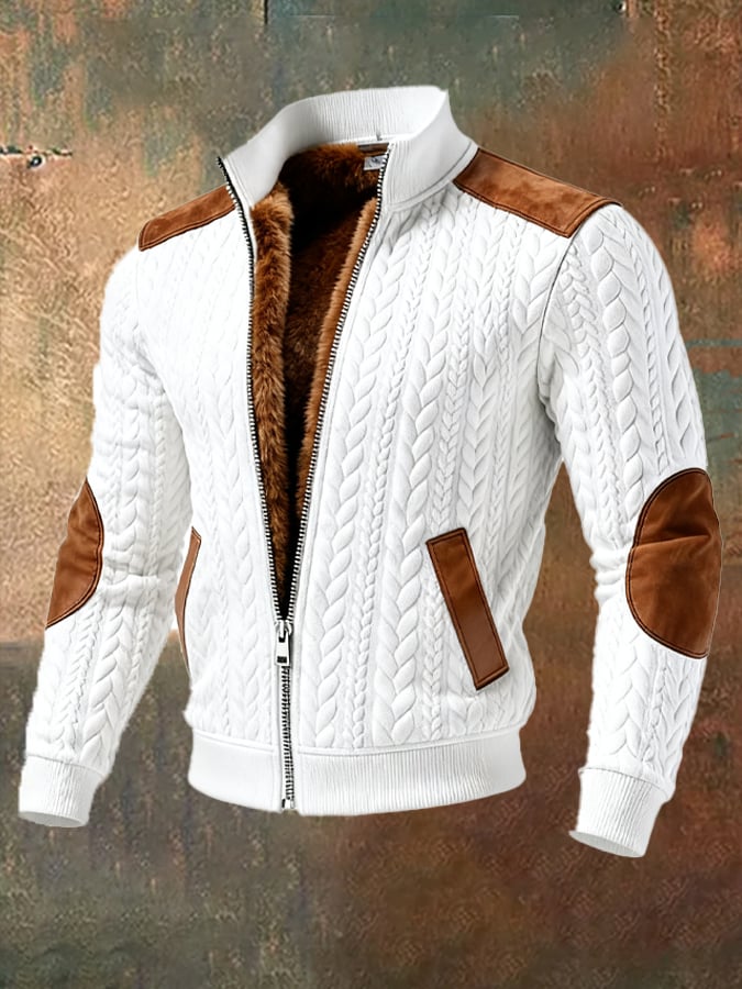 Chaqueta outdoor para hombre con textura retro y tejido jacquard, cálida, con varios bolsillos.