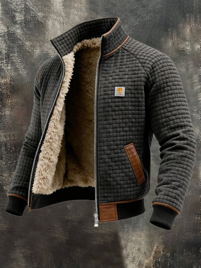Chaqueta outdoor para hombre con estructura retro y estampado de cuadros cuadrados, cálida y con varios bolsillos.