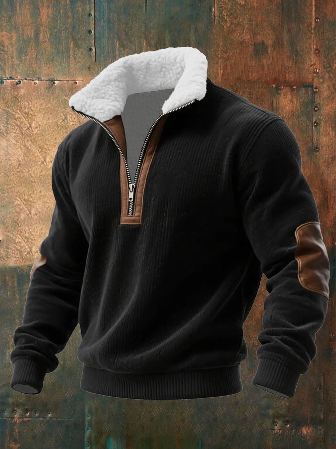 Sudadera de punto para hombre con cremallera y cuello de piel.