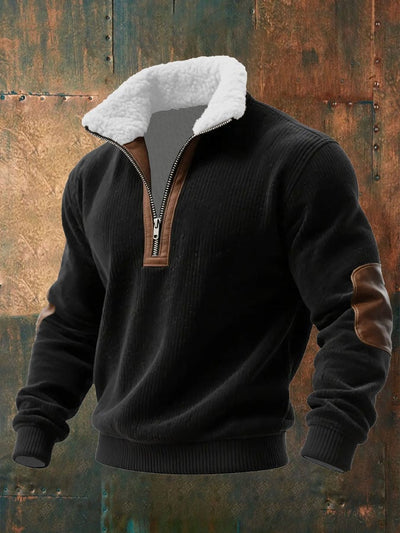 Sudadera de punto para hombre con cremallera y cuello de piel.