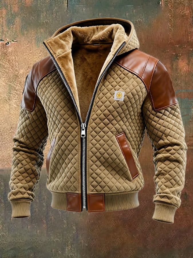 Chaqueta outdoor para hombre de piel con estampado de rombos vintage